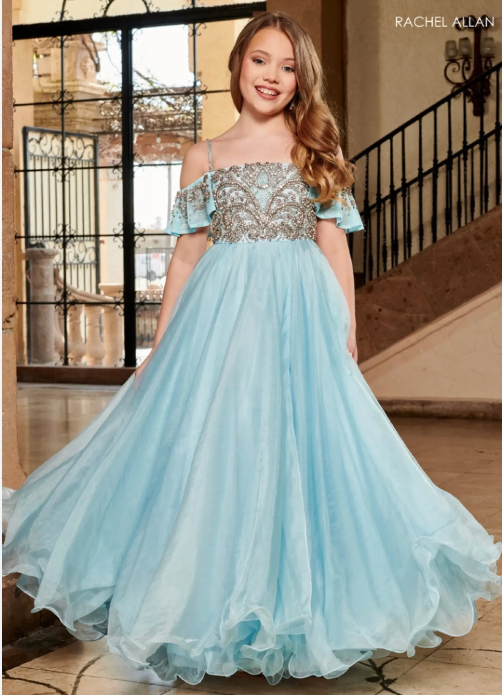 Light blue mini quince dress with cape sleeves