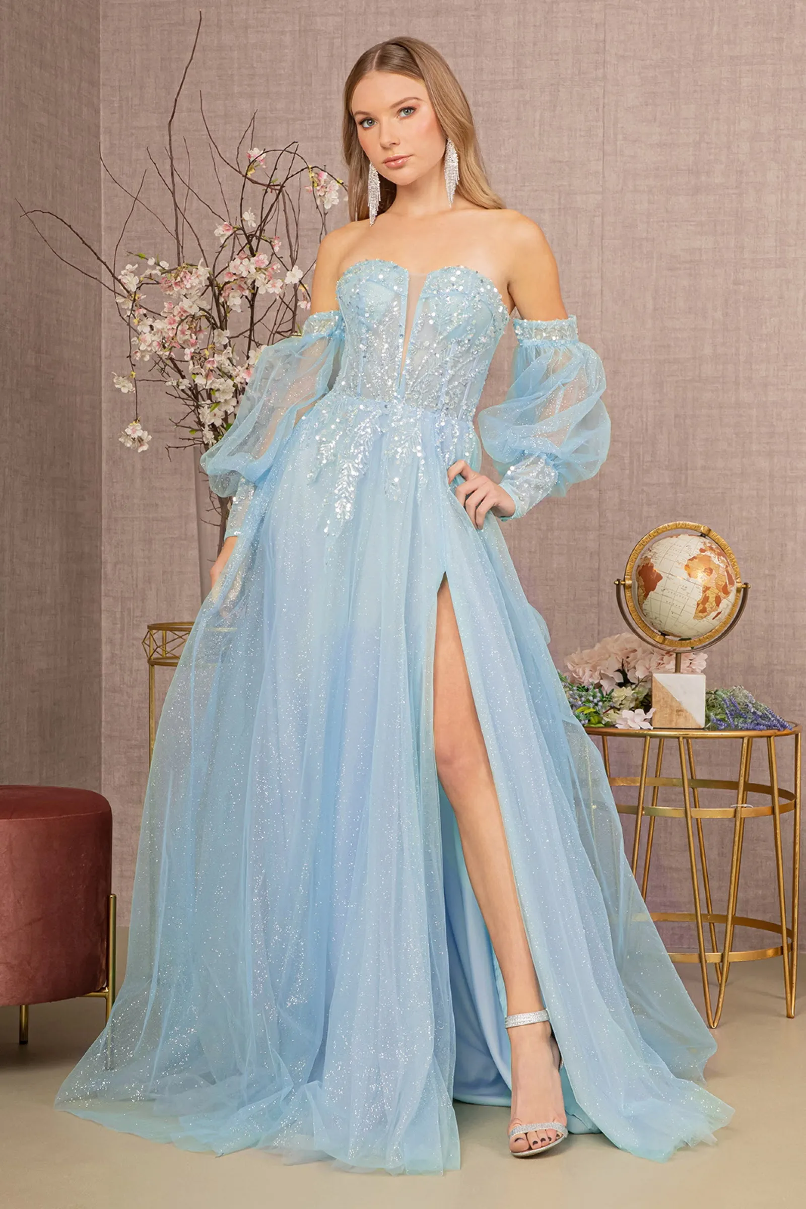 Light blue prom gown with sheer sleeves