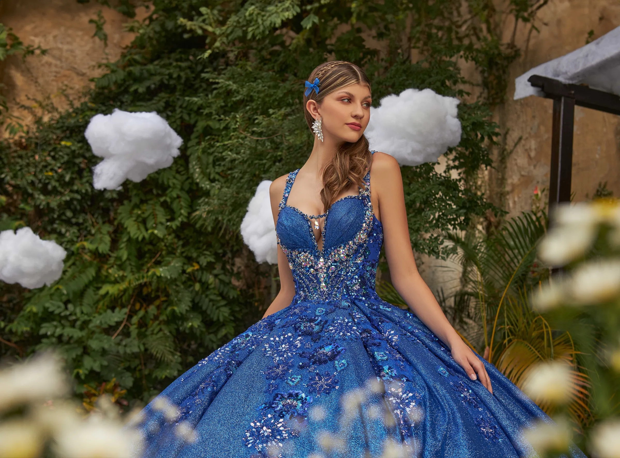 Royal blue quinceañera ballgown, bodice detail