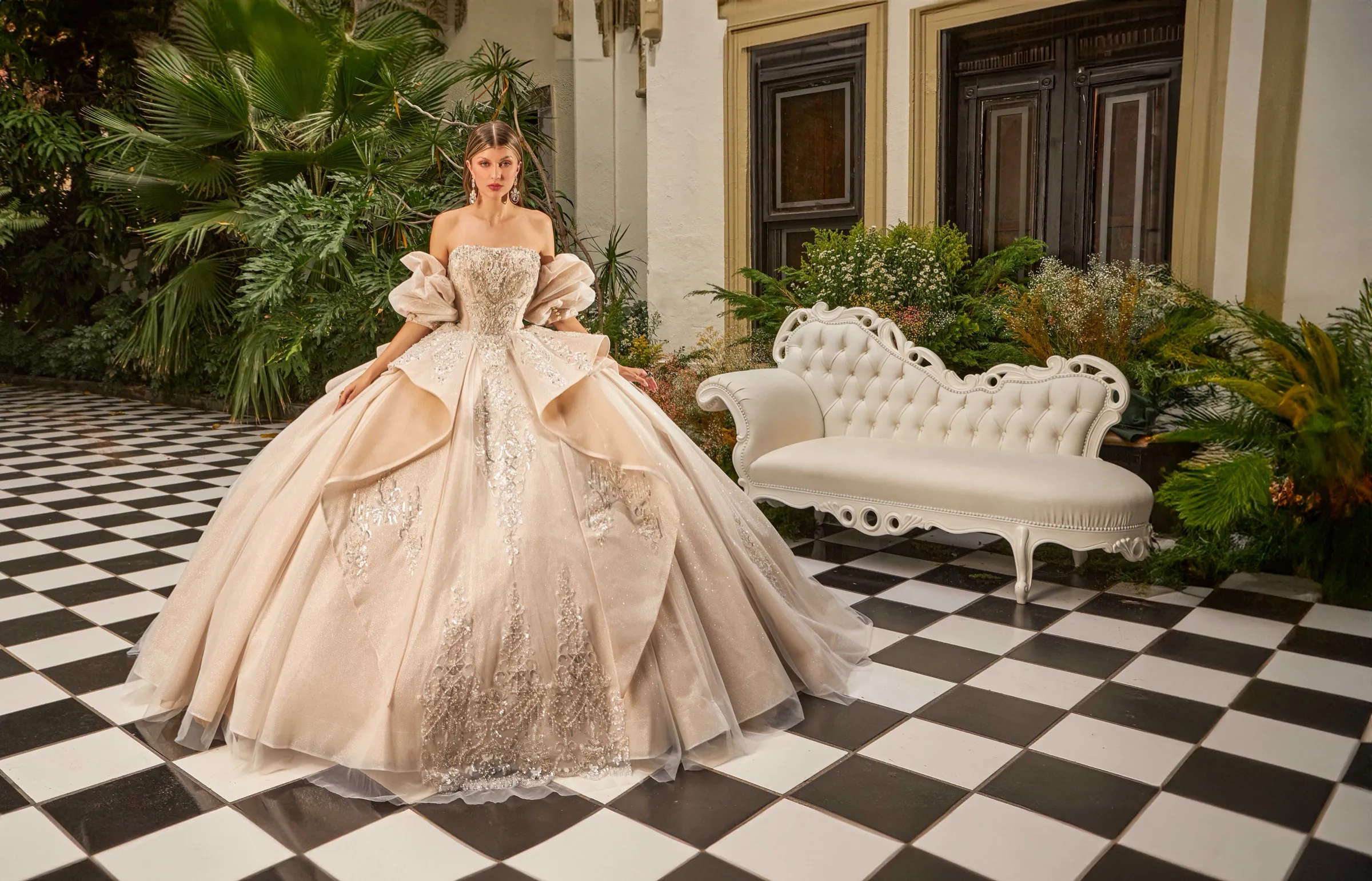 Champagne gown seated