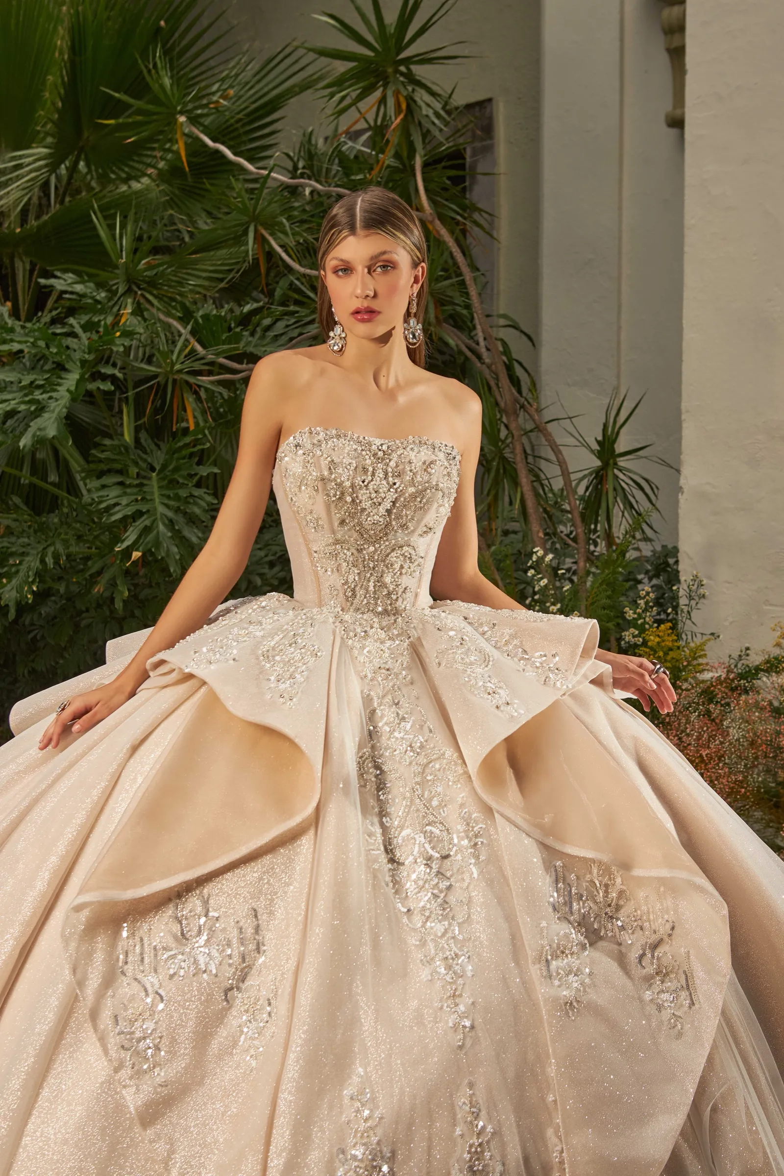 Champagne gown with sculpted skirt