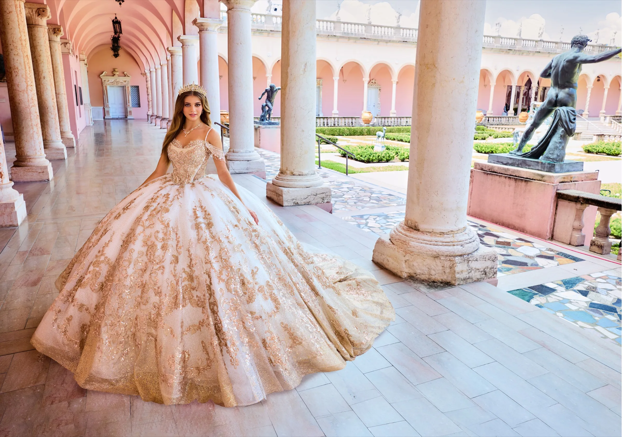 Gold gown in a colonnade