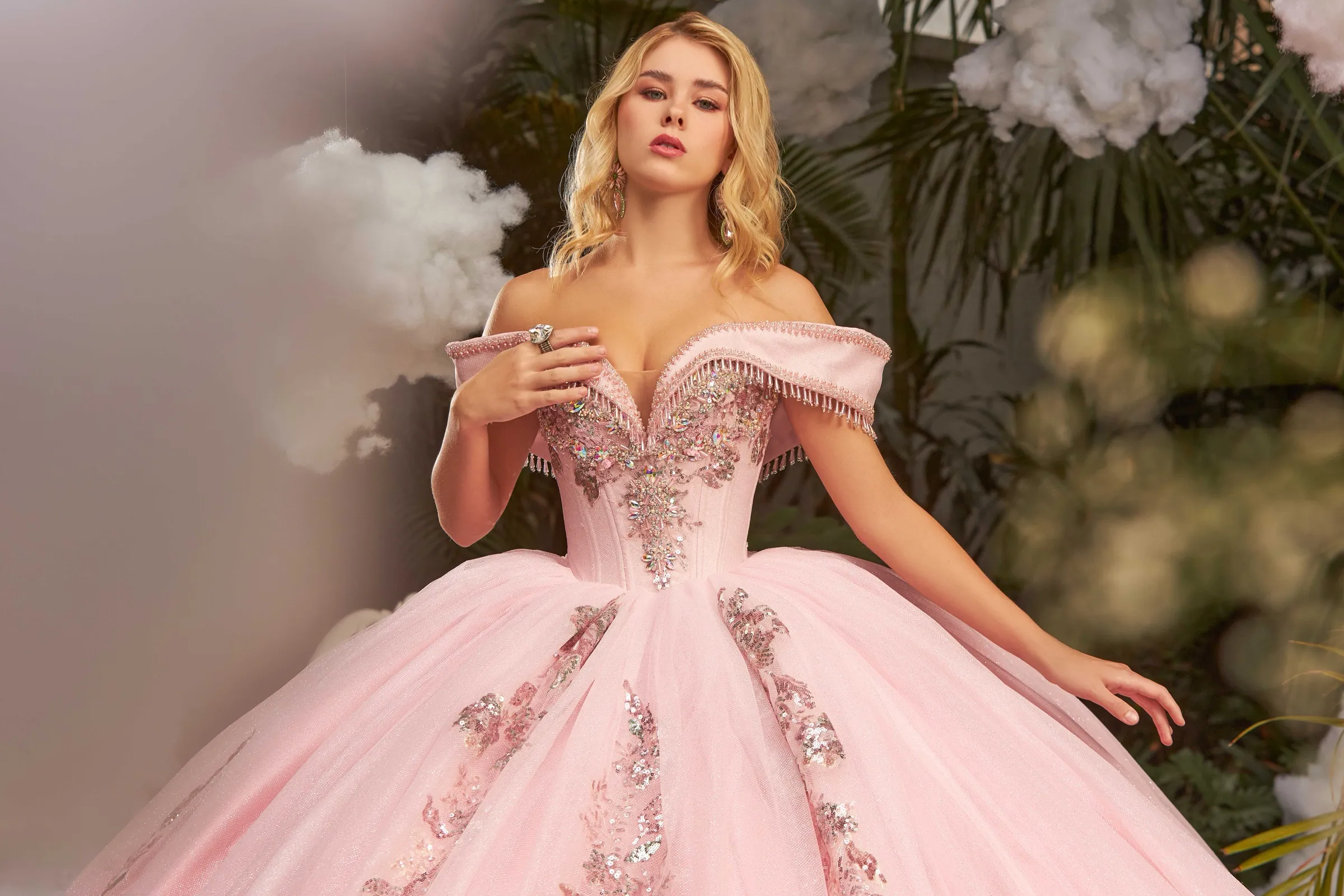 Pink off-the-shoulder quinceañera ballgown